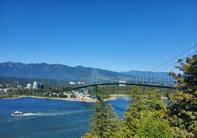 Scenic view of bridge over river against clear blue sky