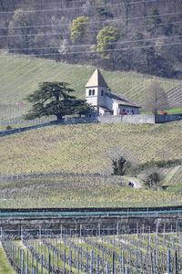 House on field by houses against mountain