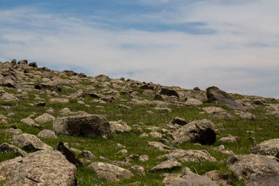 Rock formations on landscape against sky