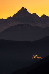 Scenic view of silhouette mountains against sky at sunset