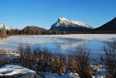 Scenic view of lake and snowcapped mountains against clear blue sky