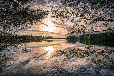 Scenic view of lake against sky at sunset