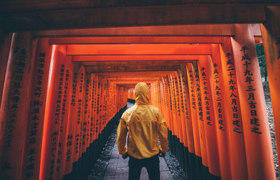 Rear view of man walking in temple