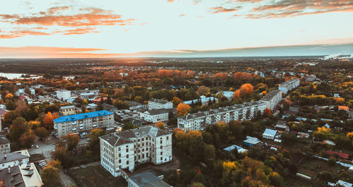 High angle view of townscape against sky during sunset