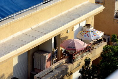 High angle view of chairs in restaurant