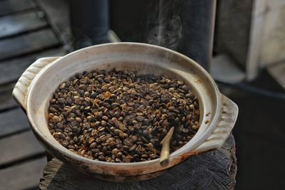 High angle view of coffee beans on table