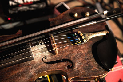 High angle view of old violin