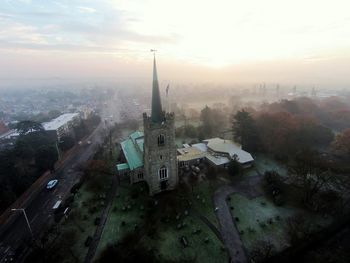 High angle view of houses in city