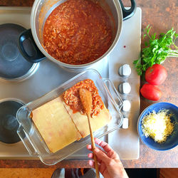 High angle view of food served on table