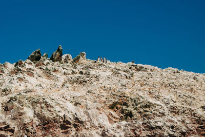 Low angle view of rock formation against clear blue sky