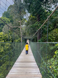 Rear view of boy walking on footbridge