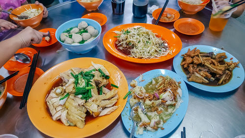 High angle view of meal served on table