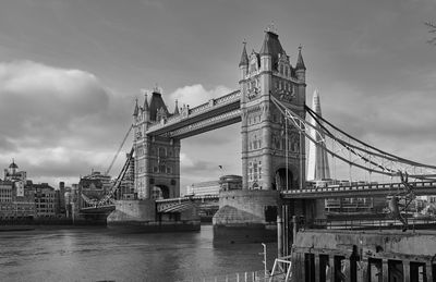 View of suspension bridge against cloudy sky