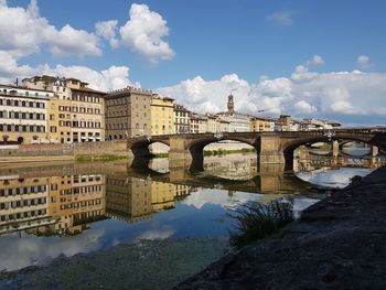 Arch bridge over river against sky