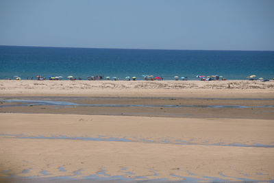 Scenic view of beach against clear blue sky