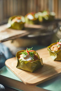 Close-up of food served on table