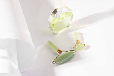 High angle view of lemon in glass on table