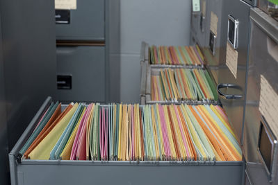 High angle view of files in drawer