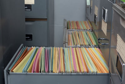 Close-up of filing cabinet in office