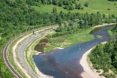 High angle view of road amidst trees on field