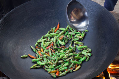 High angle view of vegetables on barbecue grill