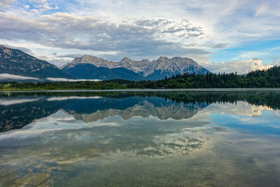 Scenic view of lake and mountains against sky