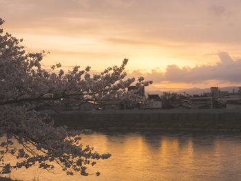 Scenic view of lake against orange sky