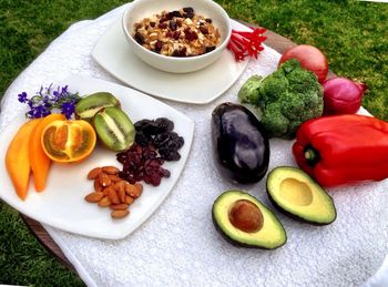 High angle view of fruits and vegetables on table