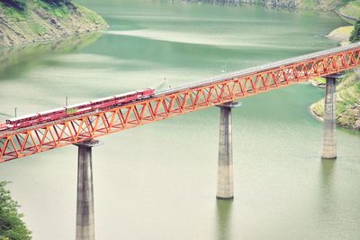 High angle view of train on railway bridge over river