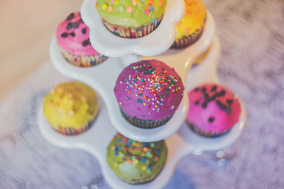 High angle view of cupcakes on table