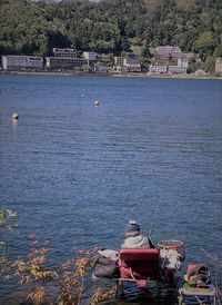 High angle view of sea by trees