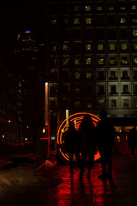 Rear view of people walking on illuminated street at night