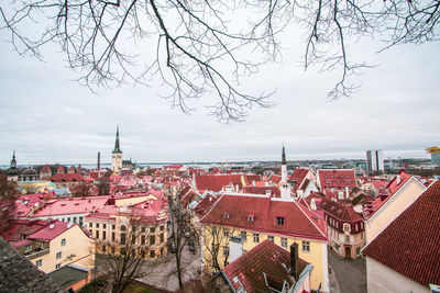 High angle view of buildings against sky