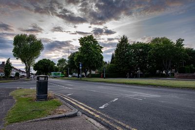 Road by trees against sky in city