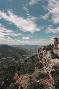 Aerial view of bay against sky