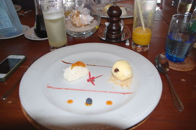 Close-up of breakfast served on table