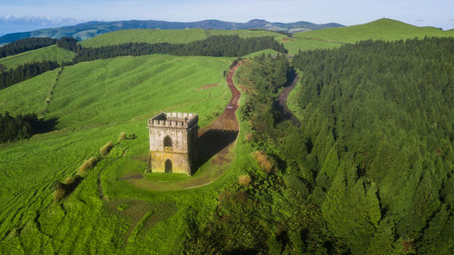 Drone view of castelo branco historic monument in vila franca do campo, sao miguel island, azores,