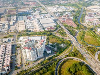 High angle view of street amidst buildings in city