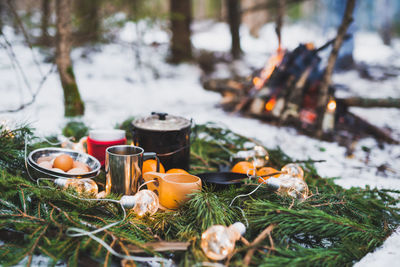 Winter picnic in the snow near by campfire with oranges and tea. christmas garlands on fir branches