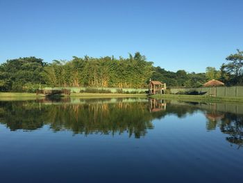 Scenic view of lake against clear blue sky