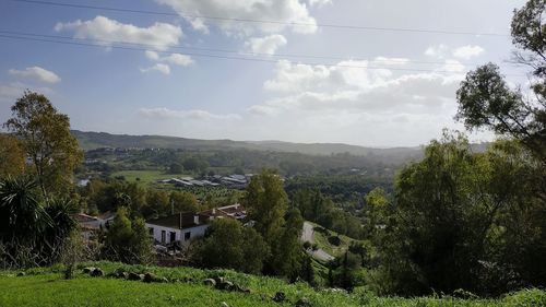 Scenic view of trees and buildings against sky