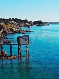 Scenic view of sea against clear blue sky