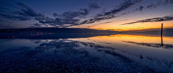 Scenic view of lake against sky during sunset