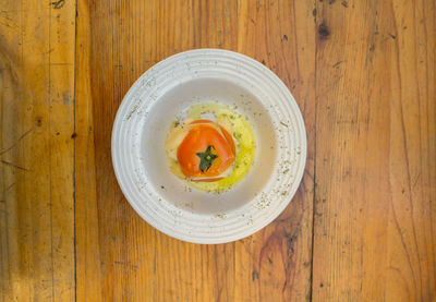 High angle view of soup in bowl on table