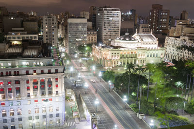 High angle view of illuminated cityscape at night