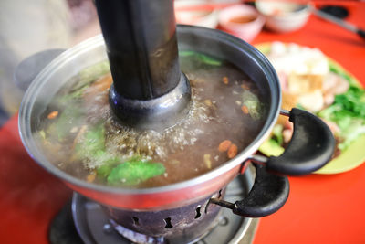 High angle view of soup in container