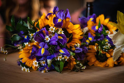 Close-up of purple flowers on table