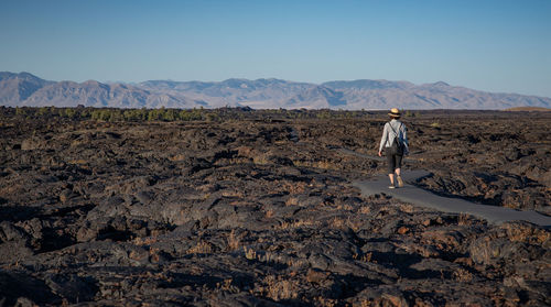 Rear view of man standing on land against sky