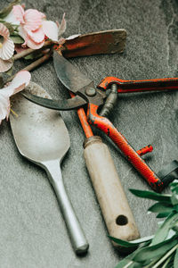 High angle view of kitchen utensils on table