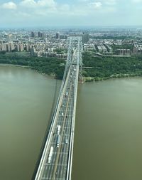 Aerial view of bridge over river in city against sky